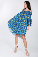 Load image into Gallery viewer, Puffy Ruffle Sleeve Smocking Off Shoulder Print Midi Dress
